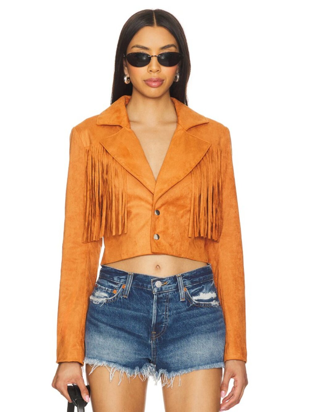 NEW MORE TO COME Kiara Faux Suede Jacket in Camel Orange Tan Fringe Crop Western